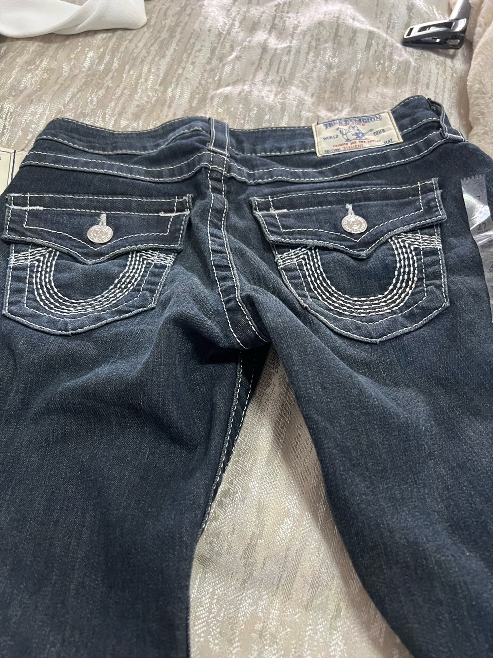 True Religion Womenβs Jeans in Dark Indigo with White Stitching